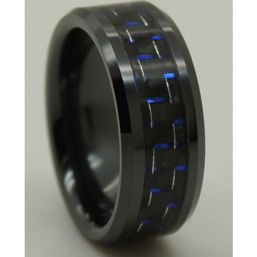 Black & blue carbon fiber inlayed black hi tech scratch proof ceramic ring 1pc