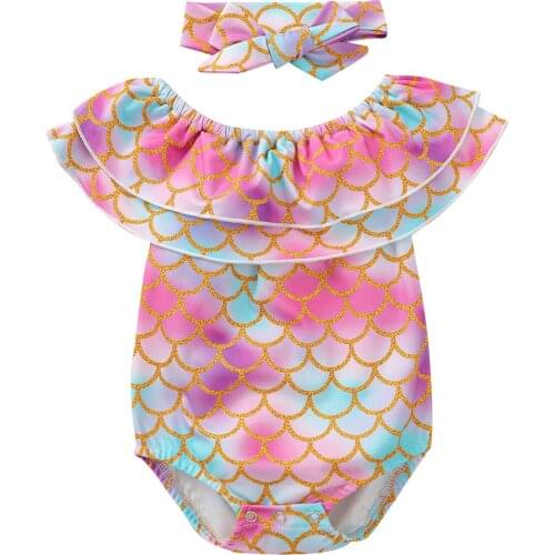 Newborn 2 Pcs Outfits Baby Girl Fish-Scale Pattern Short Sleeve Round Neck Ruffle Romper + Headband 0-12M