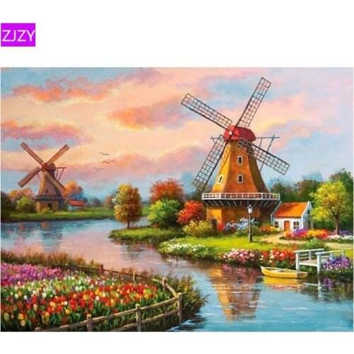 ZJZY 5D Diy Diamond Painting Full Round New Arrival Diamond Embroidery Rhinestone "Big Windmill" Landscape Picture Home Gift 390