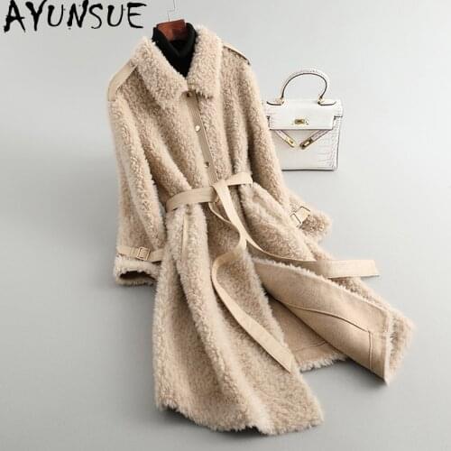 AYUNSUE Real Fur Coat Female Winter Jacket Long Sheep Shearling 100% Wool Fur Coats Elegant Furry Casacos Feminino 2020 SY-6001
