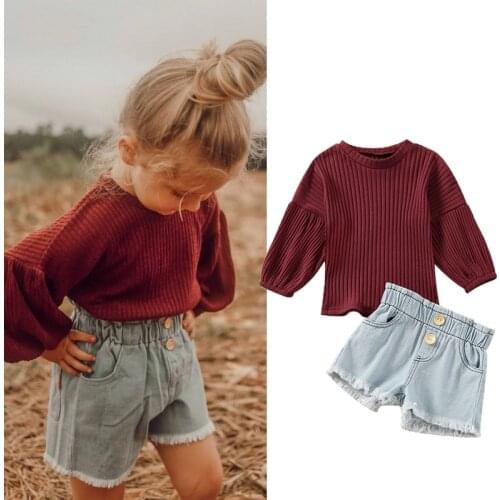 FOCUSNORM 1-6Y Lovely Kids Girls 2pcs Clothes Sets Solid Long Puff Sleeve Knit Sweater Tops High Waist Blue Denim Shorts