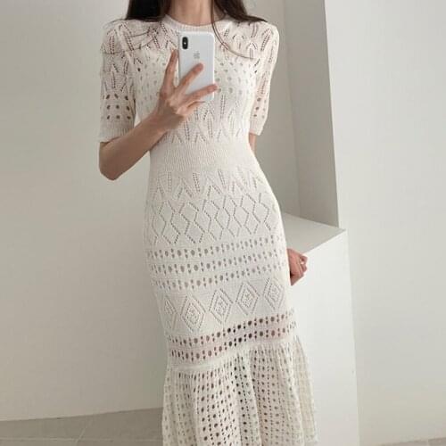 JSXDHK 4 Color Fashion Summer Ruffles Knitted Midi Dress 2021 New Women Solid Color Hollow Out Bodycon Slim Blue Sweater Dress