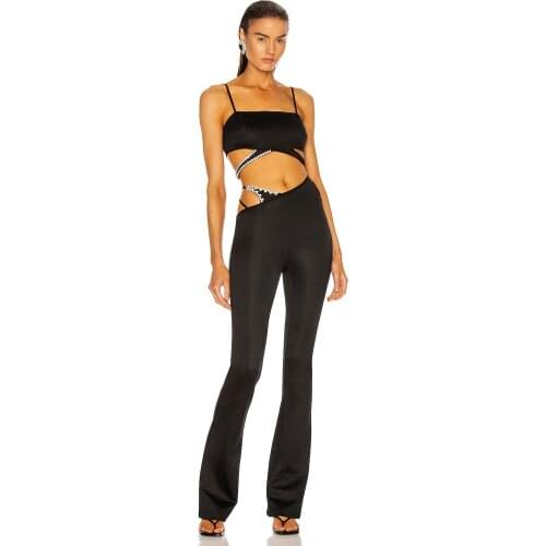 High Quality Black Sexy Crop Top And Flare Pants Rayon Bandage Set High Waist Drawstring Designer Skinny Ladies Set