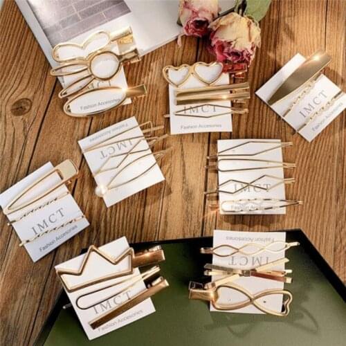 3Pcs/Set Fashion Crown Heart Bow Hair Clips Geometric Hollow Golden Metal Hairpins Barrette Hair Styling Accessories