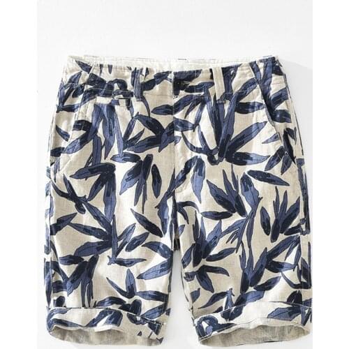 802 Summer Beach Shorts Men Linen Fashion Vintage Leaf Print Casual Straight Breathable Working Male Pants Jogger Clothing New