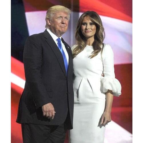 New Celebrity Party Gowns Melania Trump Little White Dresses Sheath Crew Neckline Pleated with Baloon Sleeves Evening Prom Gown