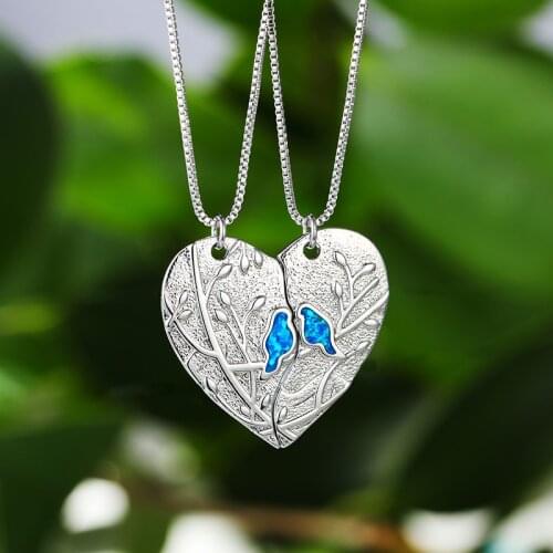 Antique Branches Big Heart Pendant Necklace Cute Small Bird Blue Opal Stone Necklace Boho Silver Color Chain Necklaces For Women