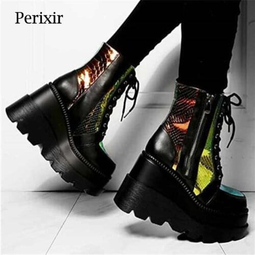 Perixir Design Women Ankle Martin Boots Thick Wedges Side Zipper Platform Footwear Punk Style Colorful Black White Ladies Shoes