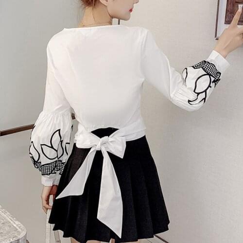 Lantern Sleeves Pullover Flower Embroidered Women Back Bow Tie Cotton Slim Shirt Tops Korean Style High Waist Blouse 12501
