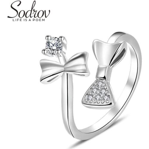 SODROV Double Bow Ring Genuine 925 Sterling Silver Open Engagement Jewelry For Women