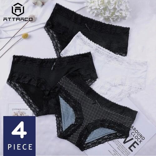 ATTRACO Womens Briefs Hipster Panties Underwear 4 Packs Cotton Lace Nylon Strech Crotch Printing Cozy Cueca Calcinha Hot Sale