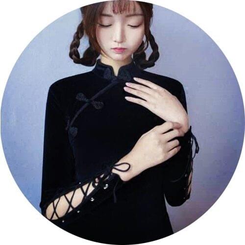 2017 Spring Sexy Womens Chinese Chipao Style Cool Harajuku Punk Dress Lace-Up Sleeve & Hem Slim-fit Sheath Velvet Dress