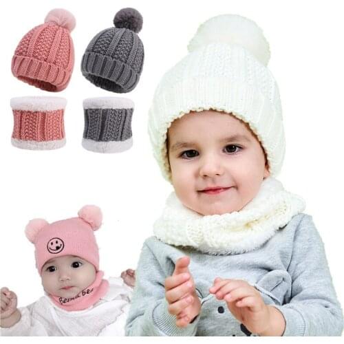 Knitted Baby Girl Hats Scarf Turban Beanie Cotton Warm Wool Fur Caps Soft Hat For Childern Boys Elastic Beanies Autumn Winter