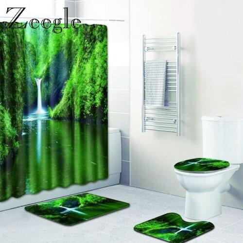 Zeegle 4PCS Scenic Pattern Bathroom Non-Slip Pedestal Rug Lid Toilet Cover Bath Mat Set Bathroom Set Carpet Toilet Rugs