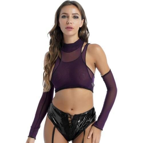 Women See-through Mesh Crop Tops High Neck Tank Tops Sissy Party Clubwear with Sleeveless Vest Sleeves for Nightclub Performance