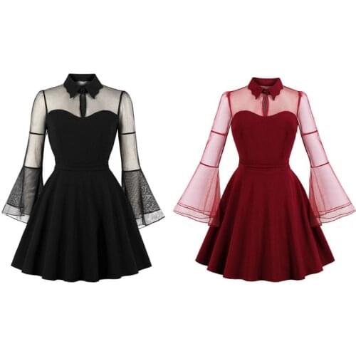 Womens Plus Size Bell Sleeve Vintage Swing Dress Halloween Gothic Lapel Collar Keyhole Sexy Mesh Patchwork Party Wear