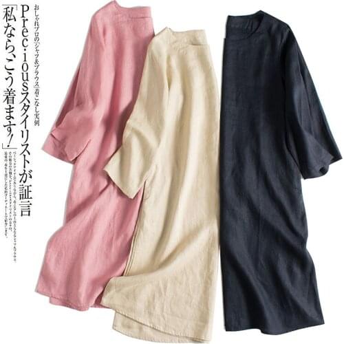 Summer Women Simple Loose Mori Girls Japan Style Comfortable French 14*14 Water Washed Linen Pullover Dresses W/h Side Pockets
