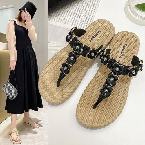 Womens Sandals 2021 Summer New Easy to Match Flip Flops Toe Rhinestone Beaded Flat Fairy Style Beach Shoes