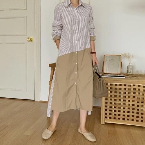 One Piece Striped Patchwork Shirt Dress Womens Summer 2021 New Lapel Loose Single Breasted Long Sleeve Mid-calf Dress Vestidos