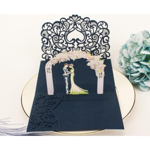 Free Shipping 1x 3D POP UP Card gold gray tri 3 Fold Pocket Wedding Invitation Card Laser cut Invite Greeting card with envelope