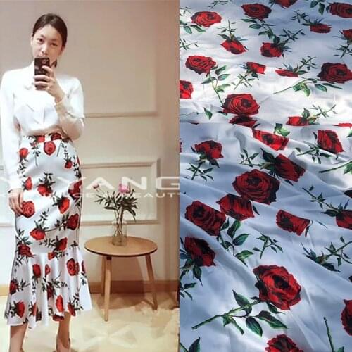Italian Luxury Brand 100% Polyester Rose Flower Stretch Satin Fabric Printed Soft Shirt Dress Diy Custom Fabrics Per Meter