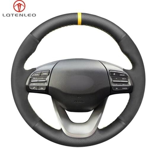 LQTENLEO Black Genuine Leather Black Suede Hand Sew Car Steering Wheel Cover For Hyundai Kona 2017 2018 2019