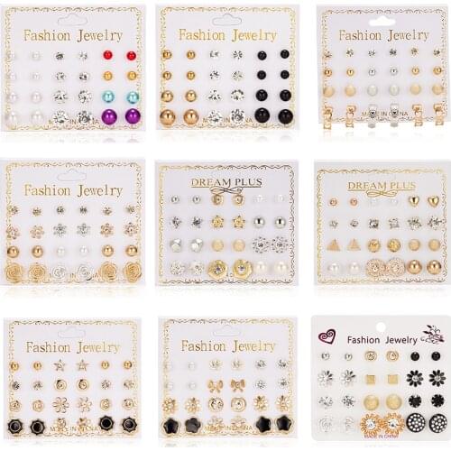 12 Pairs/set Classic Crystal Stud Earring Sets Womens Round Ball Metal Pearl Flower Earrings For Women Girl Gift Mixed Jewelry