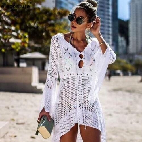 2020 New Crochet Knitted Bikini Cover Up Women Swimsuit Cover Up Beach Dress Tunic Long Pareos Bathing Suit Cover-Ups Robe Plage