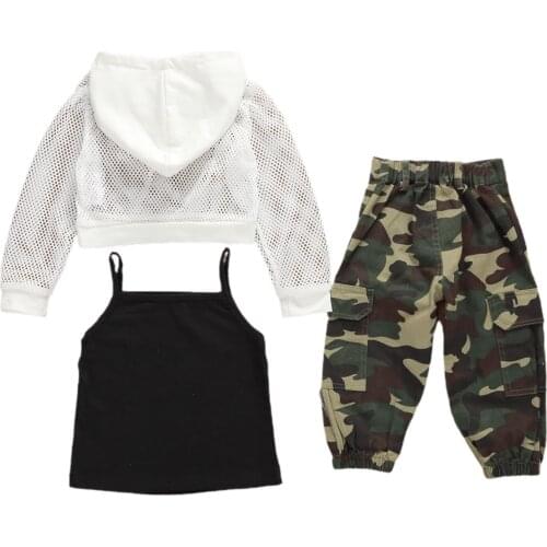 1-6Y Kids Baby Girls Clothes Sets Net Hooded Tops+Black Vest Tops+Camouflage Print Pants 3pcs