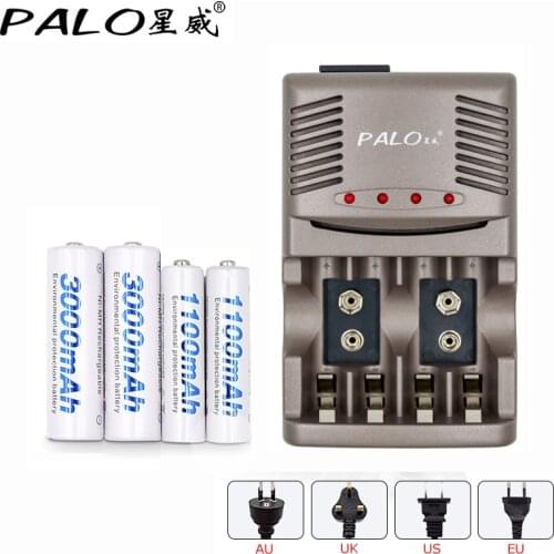 PALO Intelligent Charger C819 for AA/AAA/9V Ni-MH Ni-CD Rechargeable Battery with LED Display + 2pcs 1100mAh + 2pcs 3000mAh