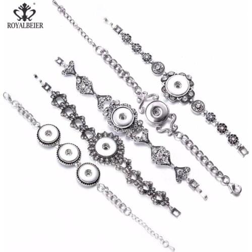 ROYALBEIER 2019 New 5pcs/lot Five Styles Zinc Alloy Snap Jewelry Vintage 18mm Metal Snap Button Bracelet Bohemian SZ0563