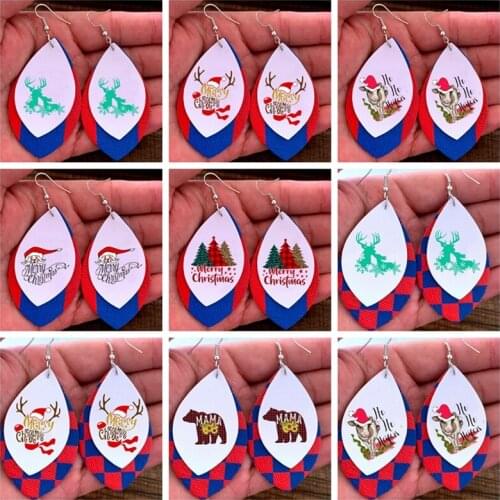 Merry Christmas Moose Distres Santa Christmas Plaid Teardrop Earrings Bulk Order Whloesale Merry Christmas Bear Winter