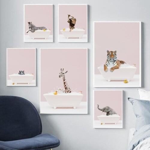 Safari Baby Animals Bathtub Prints Poster Pink Giraffe Elephant Rhino Canvas Painting Nordic Kid Wall Art Bathroom Toilet Decor