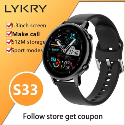 LYKRY S33 Smart Watch Men Women 1.3inch Screen 512MB Bluetooth Call IP67 Waterproof Watches Wristband Heart Rate For Android ios