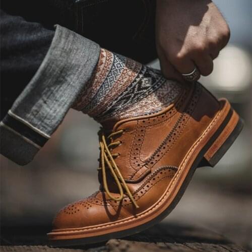 Yomior Vintage Handmade Men Casual Shoes Genuine Leather Round Toe Dress Ankle Boots Tooling Wedding Brogue Motorcycle Boots