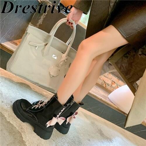 Drestrive Women Ankle Boots Pink Butterfly Knot Round Toe Cow Patent Leather Cross Tie Zipper Platform 2021 Shoes Thick Heels
