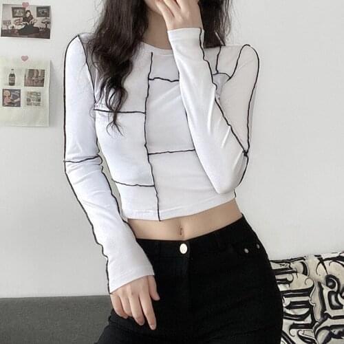 Womens Solid Color Slim Round Neck Fashion Stitching Cropped Long-sleeved T-shirt Spring And Summer Casual Comfortable Soft