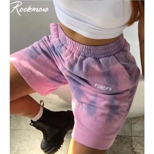 Rockmore Tie Dye Shorts Women Plus Size Letter Printed Sweatpants Pockets Short Pants Summer Oversized High Waised Shorts Ladies