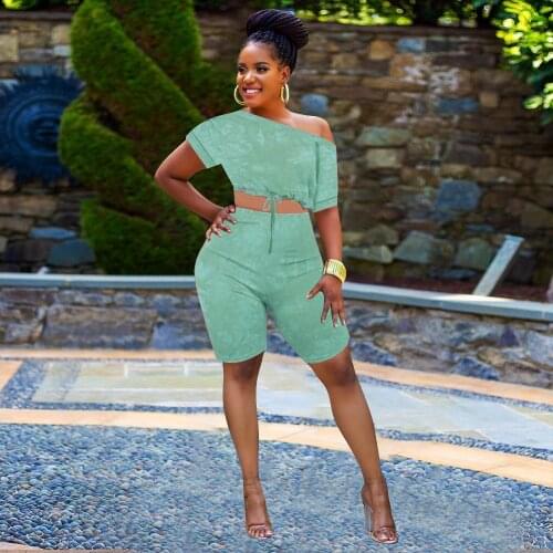 2021 INS Summer Casual Fashion Women Slim Street Sexy Solid Color Shoulder Sports Short Sleeves Two-Piece Set