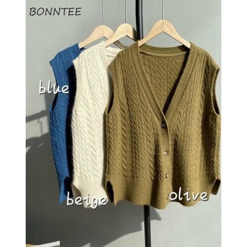 Women Sweater Vest Single Breasted Minimalist Loose All-match Fashion Casual Lazy Solid Ladies Clothing Sleeveless Korean Style