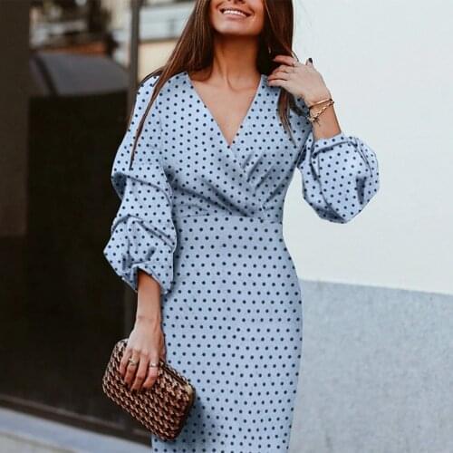 2021 Spring Autumn Women Vintage Dot Print Pile Up Sleeves Slim Party Dress V Neck Casual Dress Elegant Femme High Waist Dress