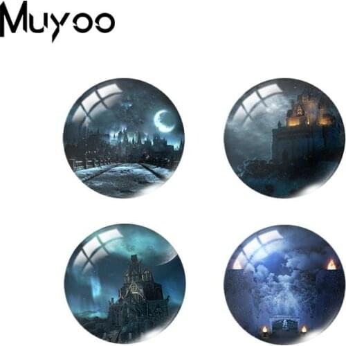 2019 New Blue Castle At Night Glass Dome Cabochon Round Photo Glass Cabochons Art Handmade Jewelry