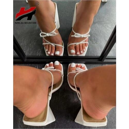 2021 Summer High Heels Thick Heel Slippers Solid Color Bow Sandals Outdoor Square Head Woman Shoes Plus Size 42