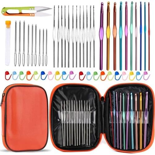RORGETO 54 Pcs Crochet Needles Set Crochet Hooks Kit with Storage Case Ergonomic Knitting Needles Blunt Needles Stitch Marker
