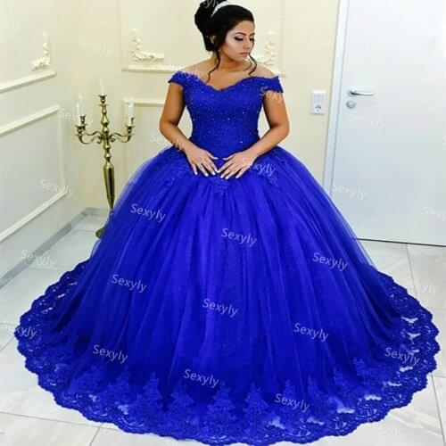 Ball Gown Royal Blue Quinceanera Dresses With Lace Elegant Black Girls Beaded Lace Prom Dress Corset Tulle Vestidos Se 15 Años