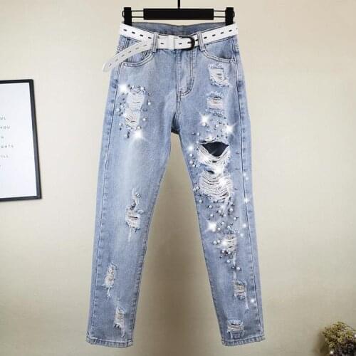 Pants Beaded Ripped Jeans Womens Spring and Summer New High-waist Nine-point Daddy Baggy Pants Sports Pants Womens Pants