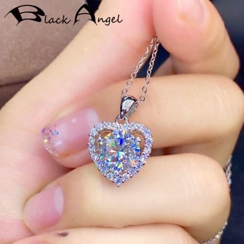 BLACK ANGEL Romantic Heart Shaped Pendant White Zircon Gemstone CZ 925 Sterling Silver Necklace For Women Jewelry Clavicle Chain