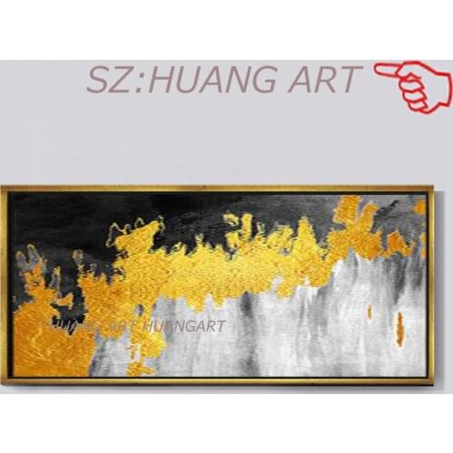 Pure Hand-painted High Quality Abstract Light Blue and Golden Oil Painting on Canvas Water Style Abstract Gold Foil Oil Painting