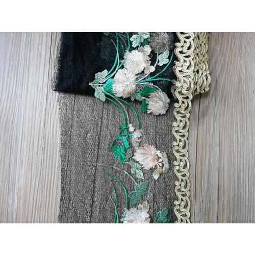 10Yards Floral Embroidered Lace Trim Black Skin Mesh Tulle Ribbon Skirt Doll Garment Sewing Craft DIY 18cm Wide