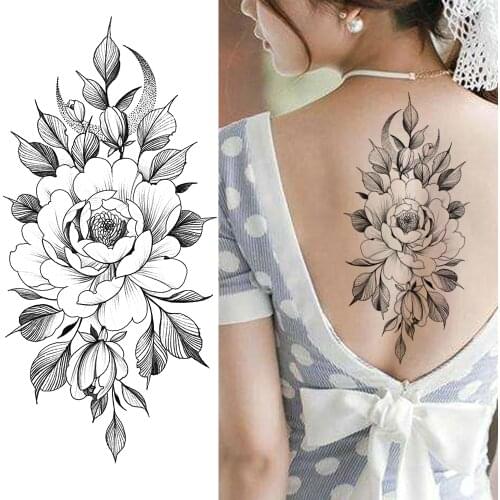 Flower Rose Temporary Tattoos Stickers For Women Girls Black Peony Lily Tattoo Body Art Realistic Waterproof Fake Tatoo